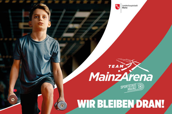 Junger Sportler und der Schriftzug: MainzArena - Wir bleiben dran. © MZ Ring GmbH & Co. KG