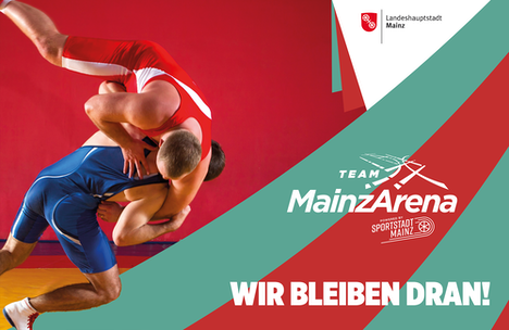 Sportler und der Schriftzug: MainzArena - Wir bleiben dran.