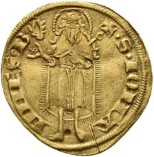 Alte Goldmünze, in der Mitte eine Person mit Gewand, am Rand Buchstaben