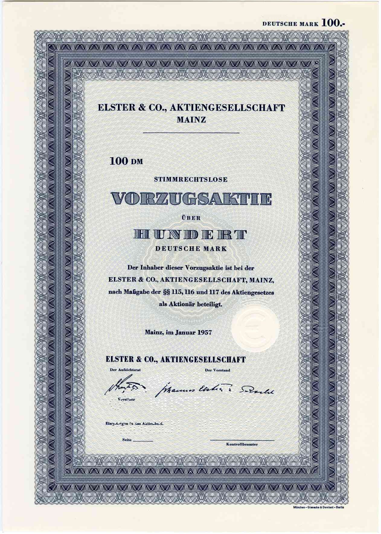 Elster & Co. AG Mz, Vorzugsaktie 100 DM