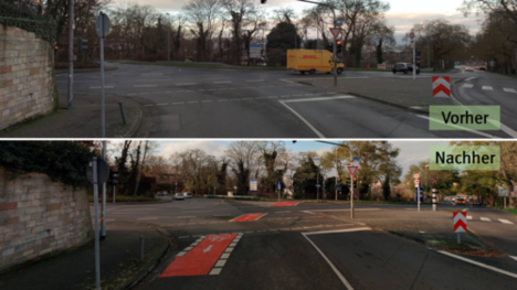 Vorher-Nachher Vergleich der neuen Querung über die Augustusstraße.