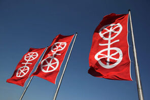 Drei Flaggen mit dem Wappen des Mainzer Rad © Landeshauptstadt Mainz